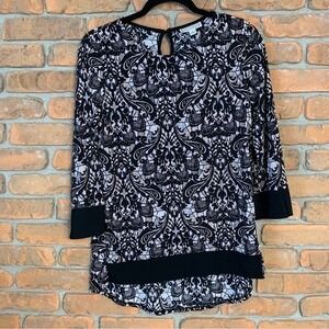 Dana Buchman Boho Floral Print Round Neck 3/4 Sleeve‎ Tunic Blouse Black Size S
